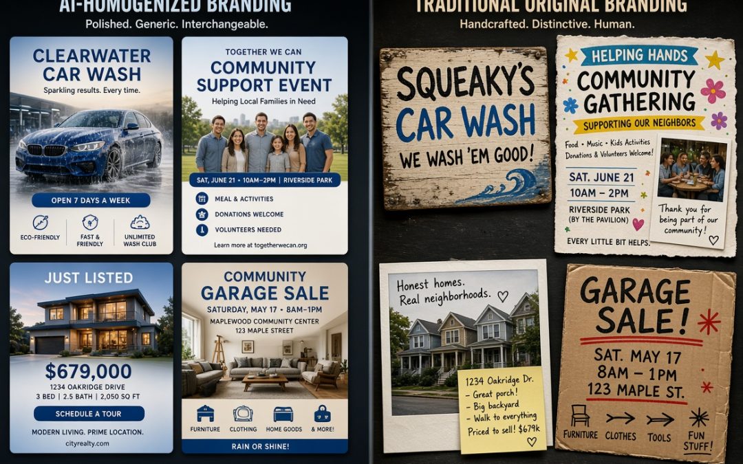 Side-by-side comparison of generic AI-homogenized branding versus distinctive original branding